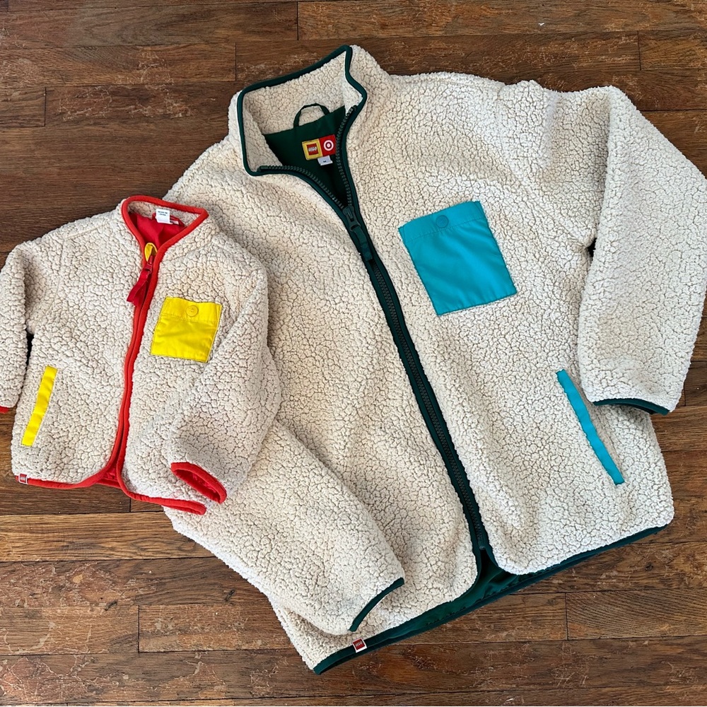 Men’s M and Toddler 2T Matching Lego Target Sherpa Jackets (selling together)